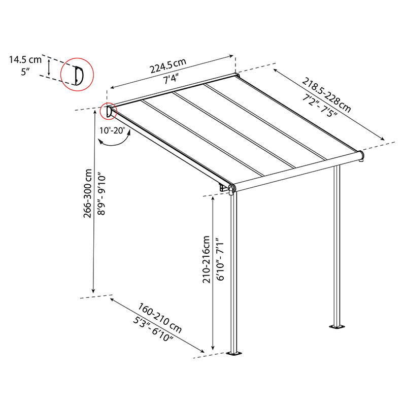 7' x 7' Palram Canopia Sierra White Clear Patio Cover (2.28m x 2.25m) Technical Drawing