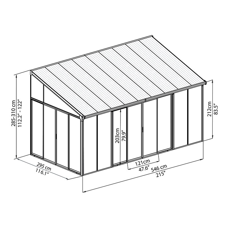 10x18 Palram Canopia SanRemo White Lean-To Conservatory Technical Drawing