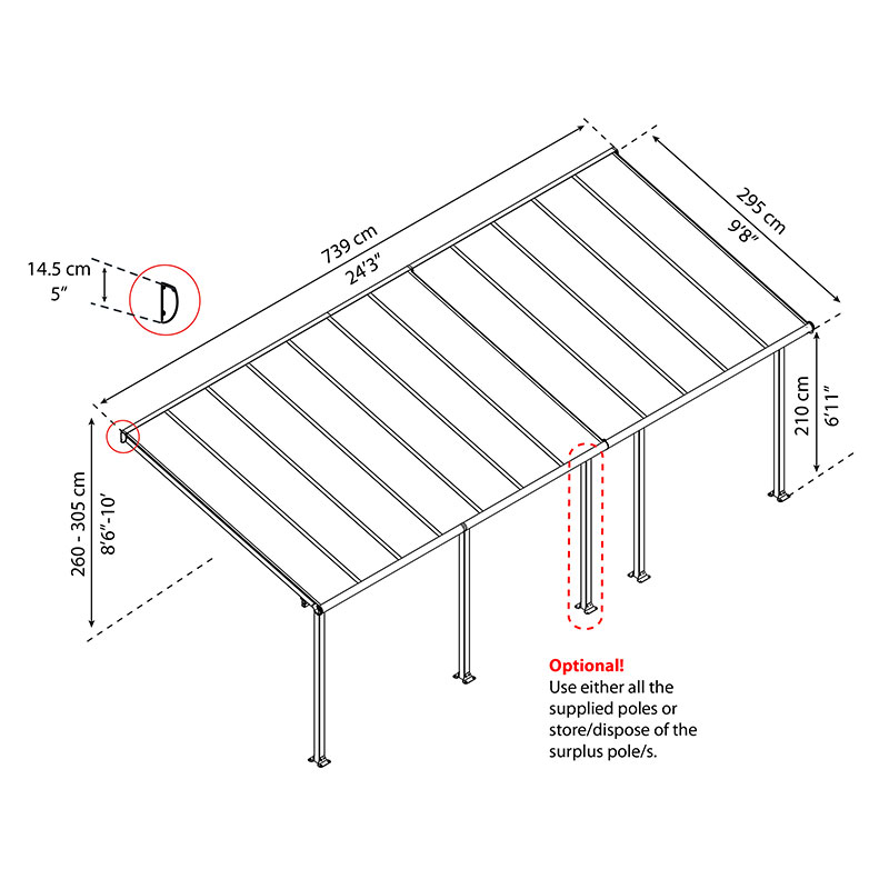 10' x 24' Palram Canopia Olympia Grey Patio Cover with Clear Panels (2.95m x 7.39m) Technical Drawing