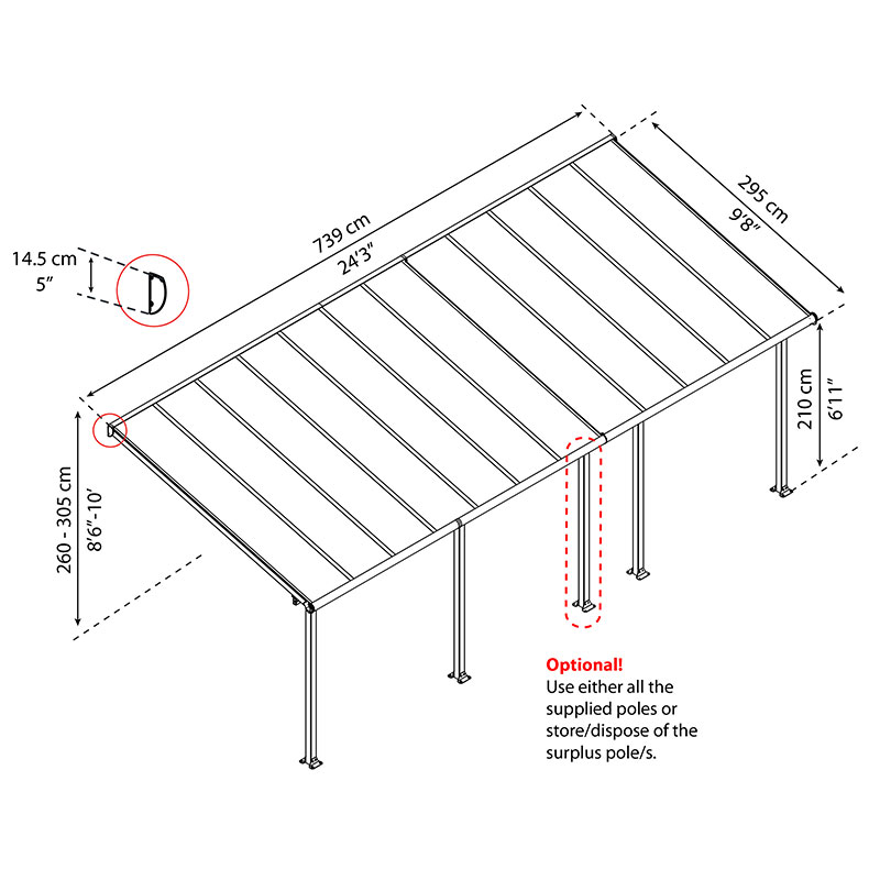 10' x 24' Palram Canopia Olympia White Patio Cover with Clear Panels (2.95m x 7.39m) Technical Drawing