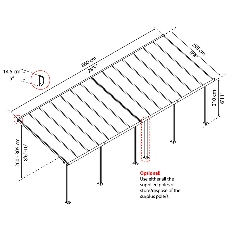 10' x 28' Palram Canopia Olympia White Patio Cover with Clear Panels (2.95m x 8.60m) Technical Drawing