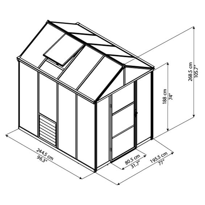 6x8 Palram Canopia Glory Grey Greenhouse Technical Drawing