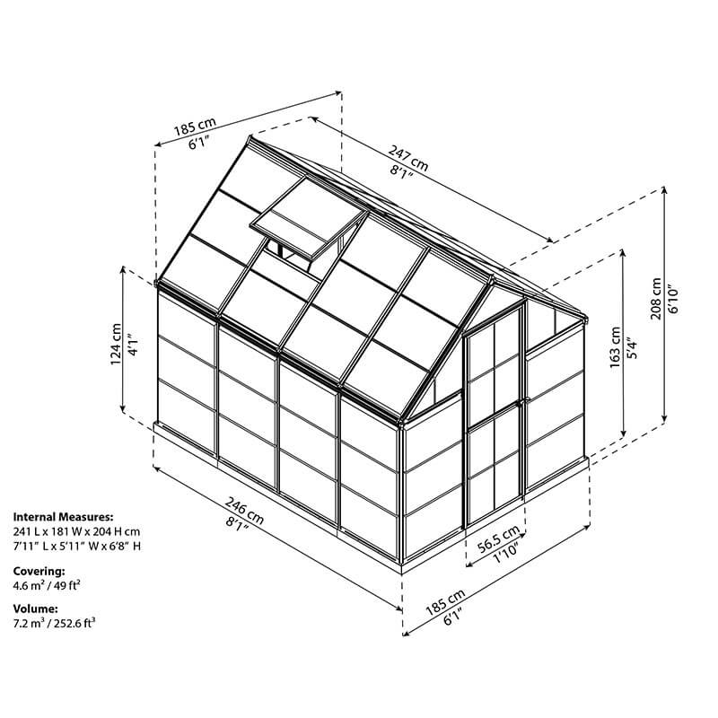 6' x 8' Palram Canopia Harmony Grey Greenhouse (1.85m x 2.47m) Technical Drawing