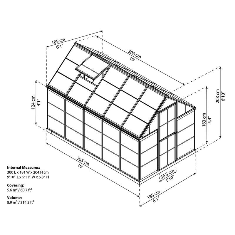 6' x 10' Palram Canopia Harmony Grey Greenhouse (1.85m x 3.06m) Technical Drawing