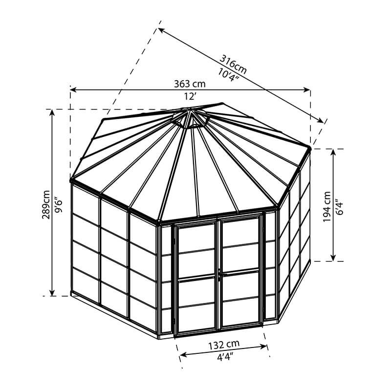 12' x 10' Palram Canopia Oasis Hexagonal Greenhouse (3.63m x 3.16m) Technical Drawing