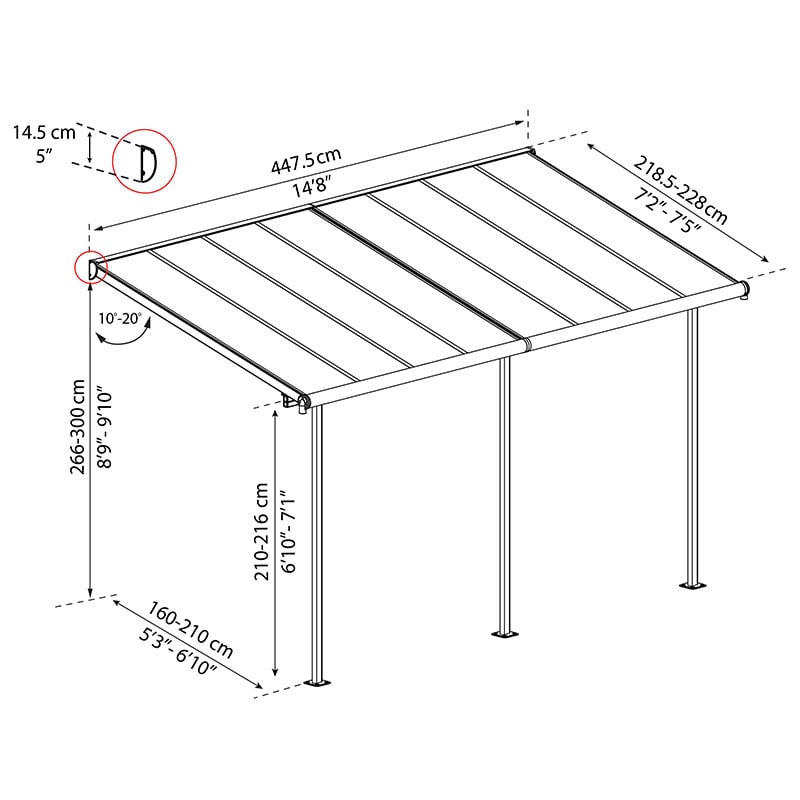 7' x 15' Palram Canopia Sierra Grey Clear Patio Cover (2.28m x 4.48m) Technical Drawing