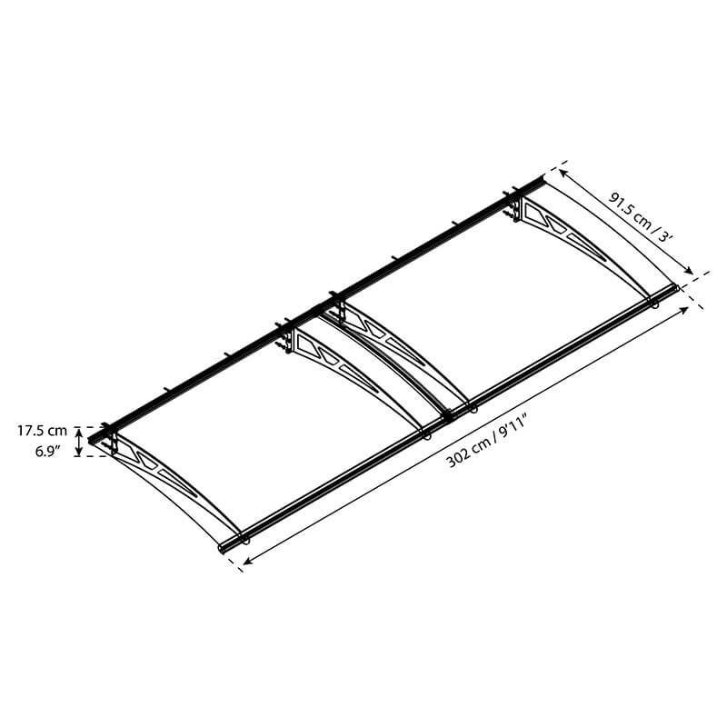 10' x 3' Palram Canopia Altair 3000 Grey Door Canopy (3.02m x 0.92m) Technical Drawing