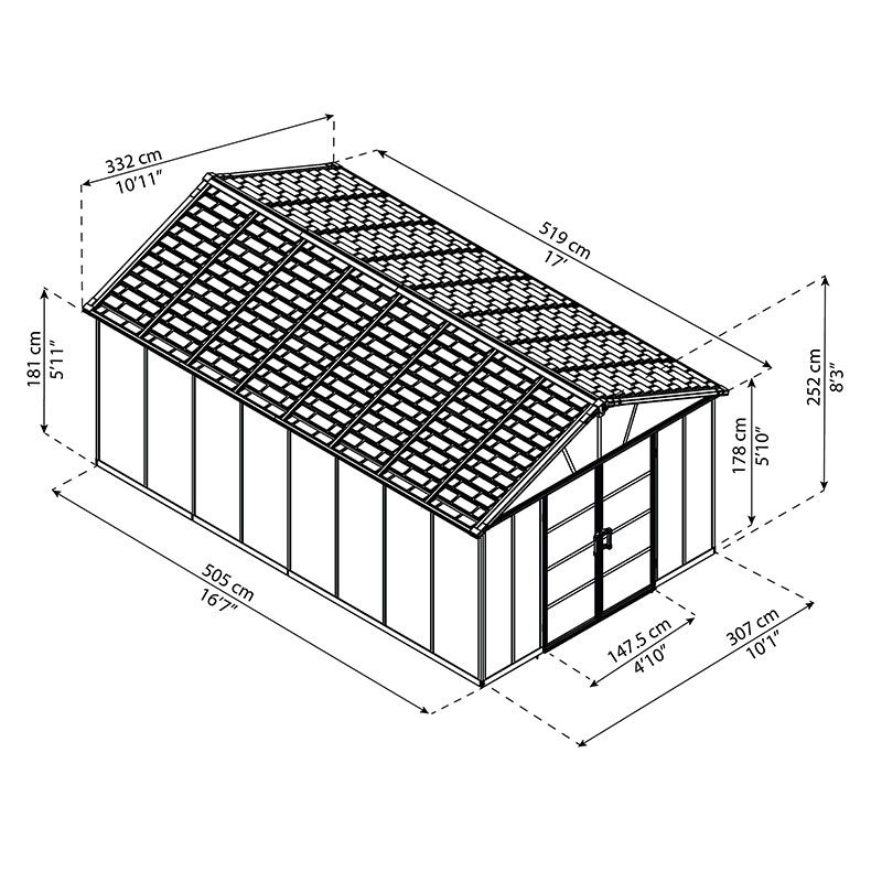 11' x 17.2' Palram Canopia Yukon Dark Grey Plastic Shed with WPC Floor (3.32m x 5.19m) Technical Drawing