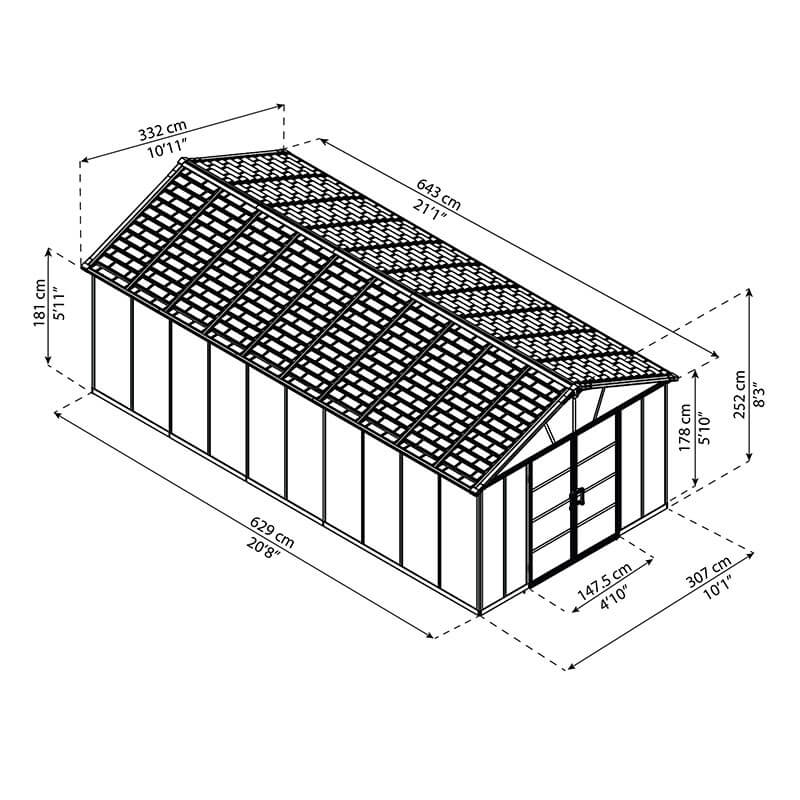 11' x 21.3' Palram Canopia Yukon Dark Grey Plastic Shed with WPC Floor (3.32m x 6.43m) Technical Drawing