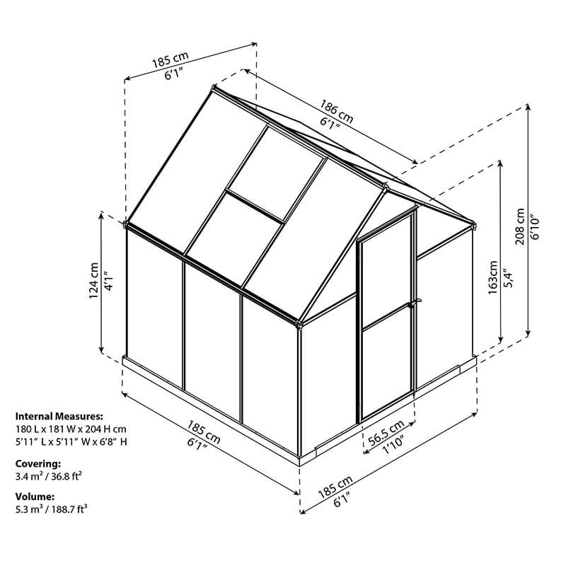 6' x 6' Palram Canopia Mythos Grey Greenhouse (1.85m x 1.86m) Technical Drawing