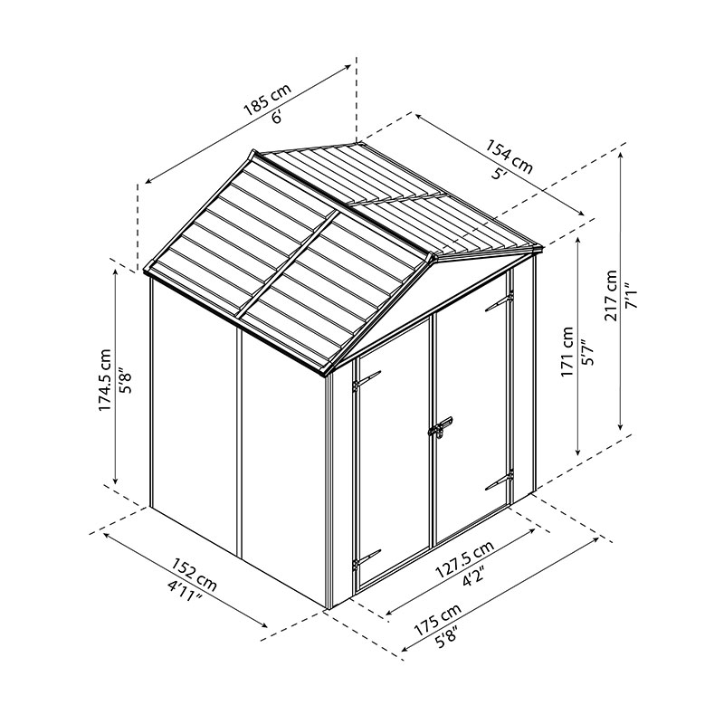 6' x 5' Palram Canopia Rubicon Double Door Plastic Garden Shed - Dark Grey (1.85m x 1.53m) Technical Drawing