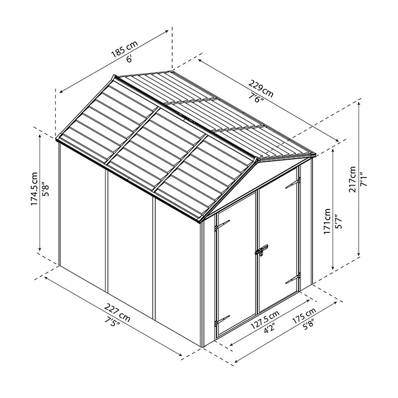 6' x 8' Palram Canopia Rubicon Double Door Plastic Garden Shed - Dark Grey (1.85m x 2.28m) Technical Drawing
