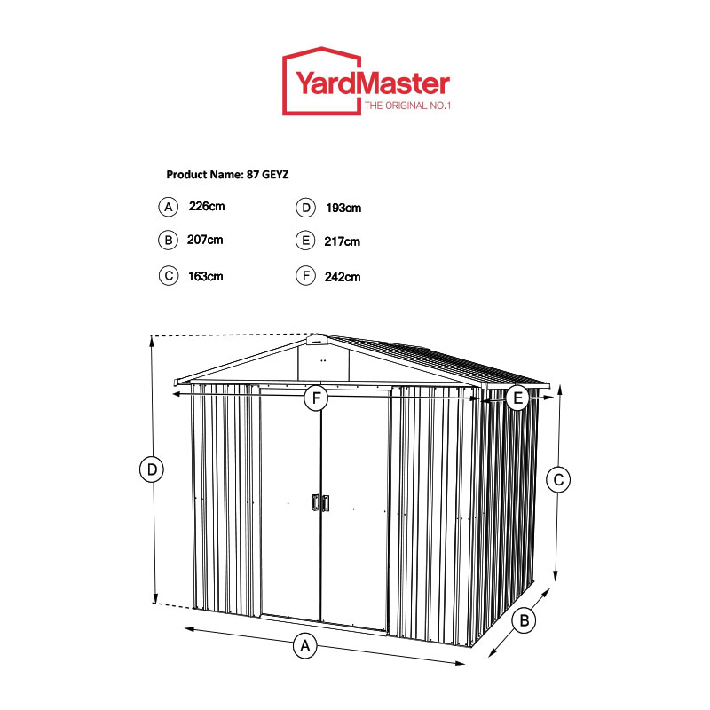 8' x 7' Yardmaster Green Metal Shed (2.42m x 2.17m) Technical Drawing