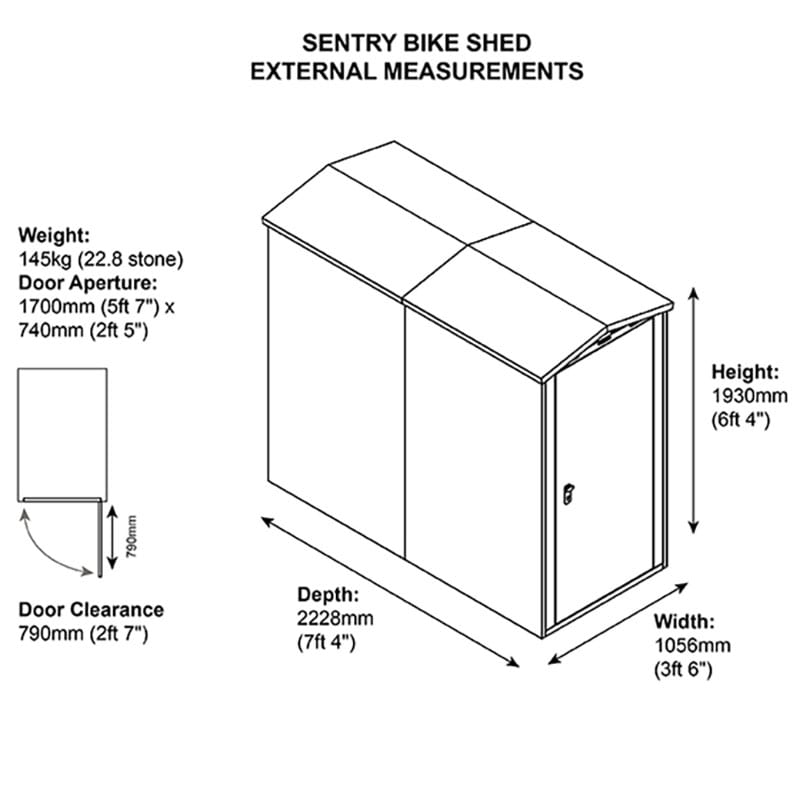 3'6 x 7'4 Asgard Sentry Metal 2 Bike Shed (1.06m x 2.23m) Technical Drawing