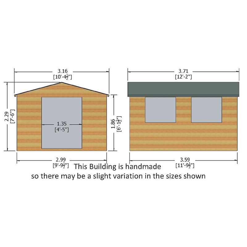 12' x 10' Shire Bison Heavy Duty Double Door Wooden Workshop (3.59m x 3.16m) Technical Drawing