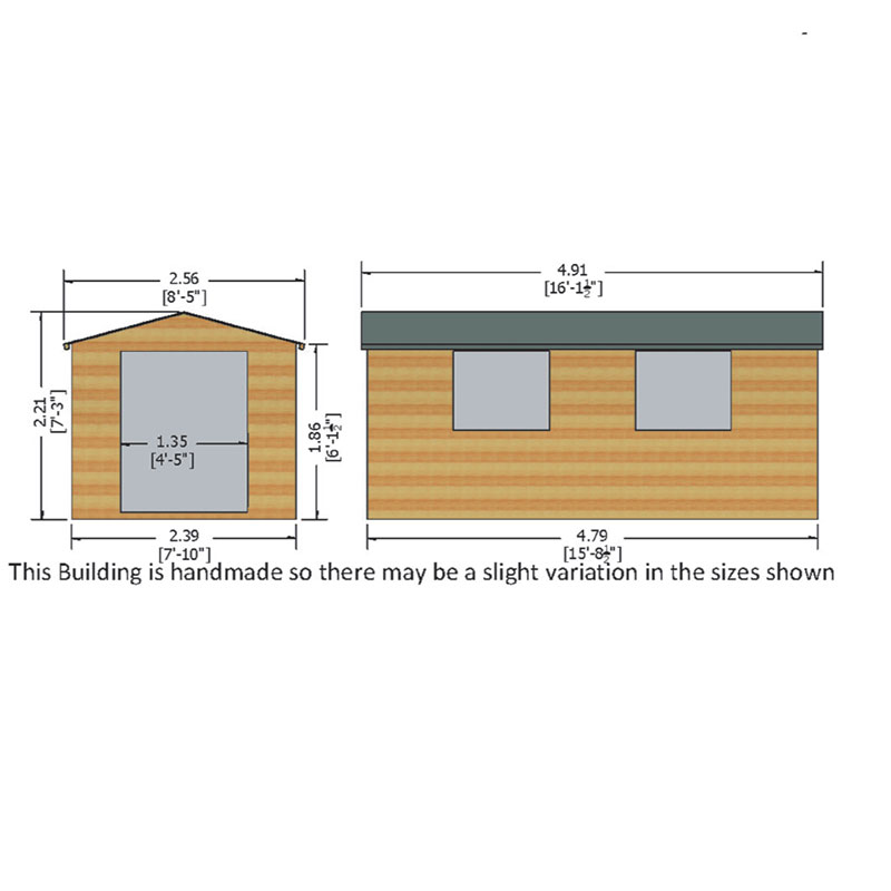 16' x 8' Shire Bison Heavy Duty Double Door Wooden Workshop (4.91m x 2.56m) Technical Drawing