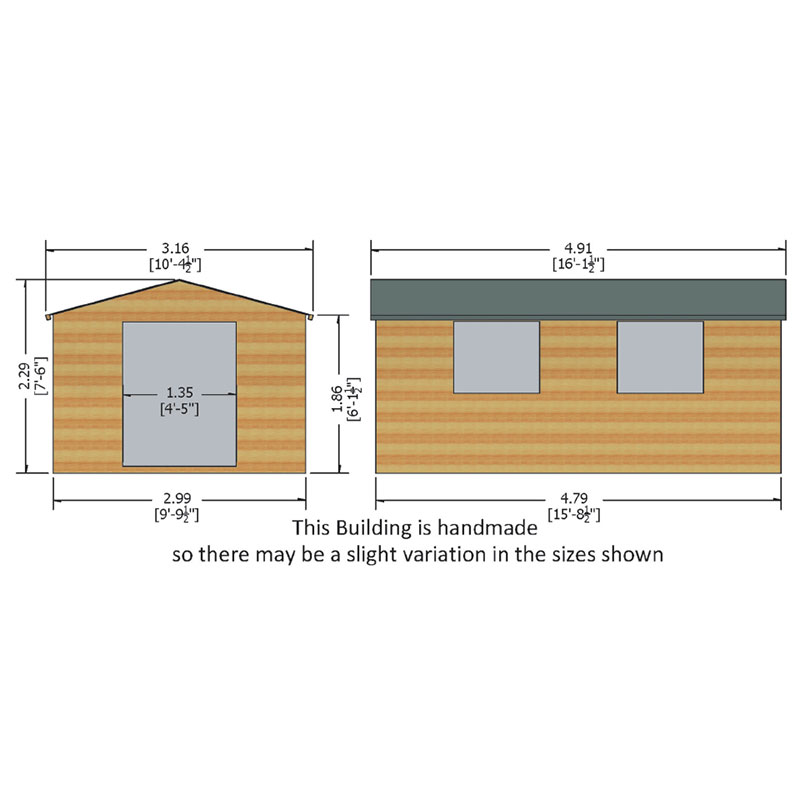 16' x 10' Shire Bison Heavy Duty Double Door Wooden Workshop (4.91m x 3.16m) Technical Drawing