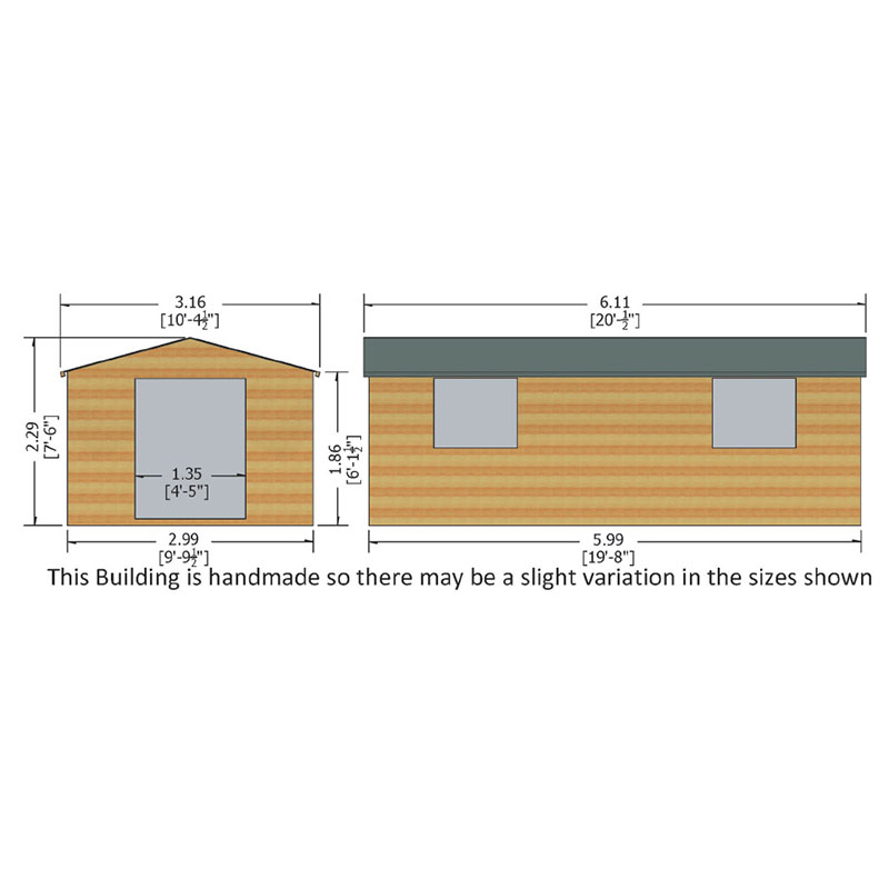 20' x 10' Shire Bison Heavy Duty Double Door Wooden Workshop (6.11m x 3.16m) Technical Drawing