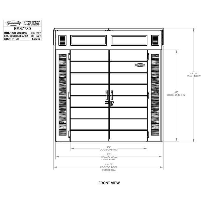 7' x 7' Suncast Modernist Plastic Garden Storage Shed - Peppercorn (2.20m x 2.22m) Technical Drawing