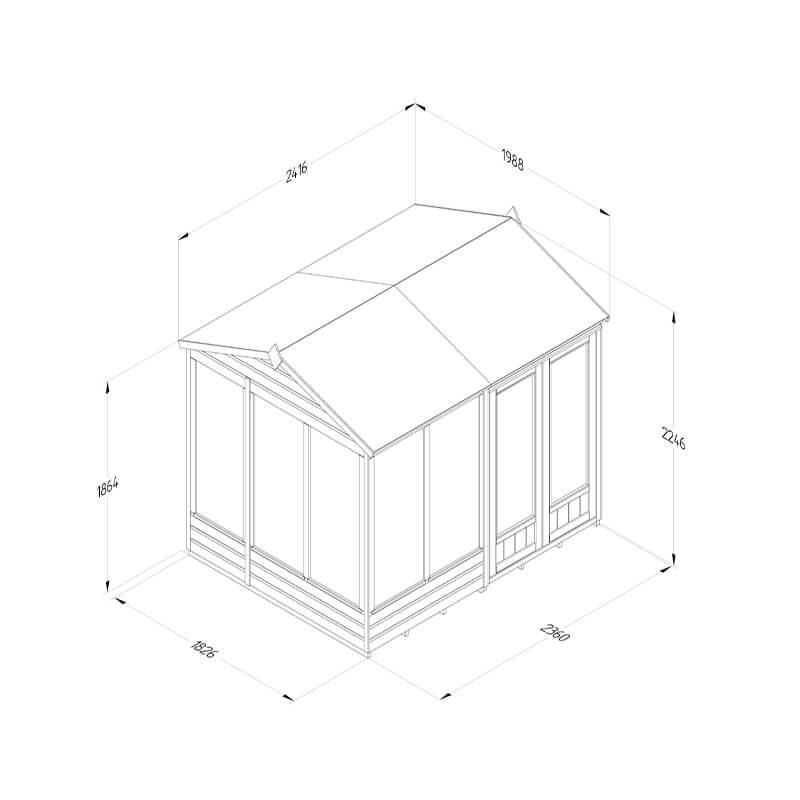 8' x 6' Forest Beckwood 25yr Guarantee Double Door Reverse Apex Summer House (2.42m x 1.99m) Technical Drawing