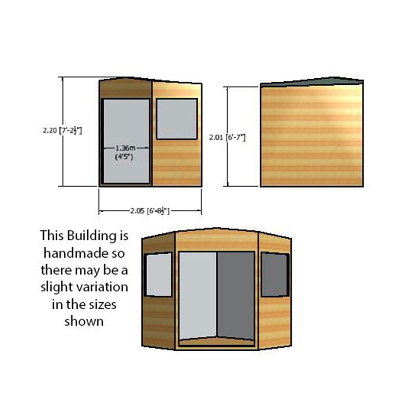 7' x 7' Shire Premium Pressure Treated Wooden Corner Garden Shed (2.07m x 2.16m) Technical Drawing