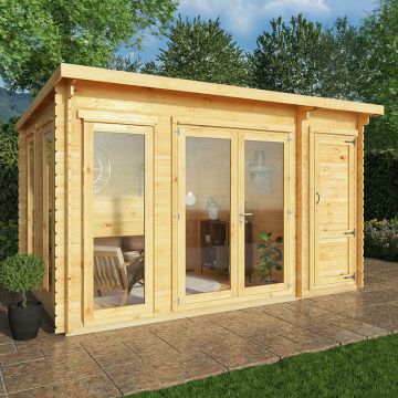 Mercia Studio 4m x 3m Double Glazed Pent Log Cabin with Side Shed (44mm)