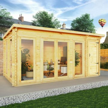 Mercia Studio 5m x 3m Double Glazed Pent Log Cabin with Side Shed (44mm)