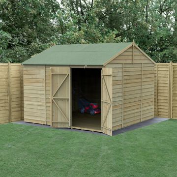 10' x 10' Forest 4Life 25yr Guarantee Overlap Pressure Treated Windowless Double Door Reverse Apex Wooden Shed (3.21m x 3.01m)