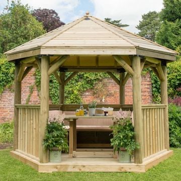 12'x10' (3.6x3.1m) Luxury Wooden Furnished Garden Gazebo with Traditional Timber Roof - Seats up to 10 people
