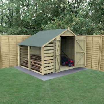 8’ x 6’ Forest 4Life Overlap Pressure Treated Windowless Double Door Apex Wooden Shed with Lean To (2.42m x 2.64m)