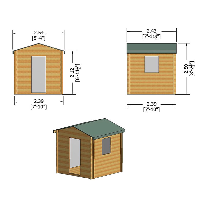 Shire Danbury 2.5m x 2.4m Log Cabin Shed (19mm) Technical Drawing