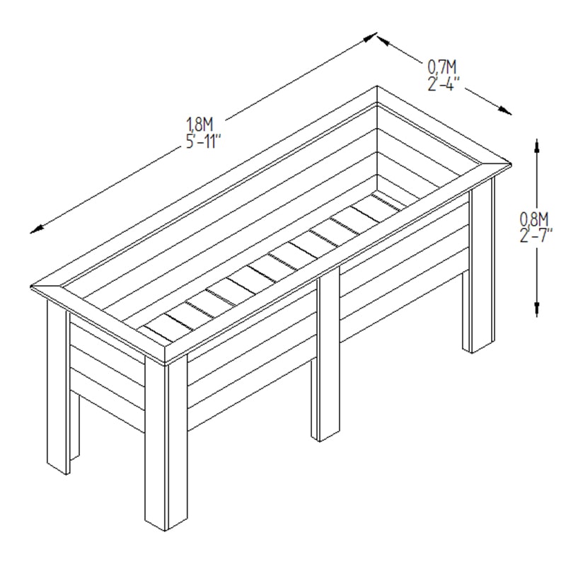 Forest Large Deep Root Wooden Garden Planter 6'x2' (1.8x0.6m) Technical Drawing