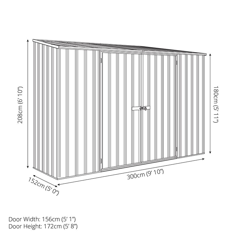 9'10 x 5' Absco Space Saver Pent Double Door Metal Shed - Pale Eucalyptus (3m x 1.52m) Technical Drawing
