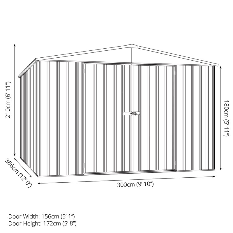 9'10 x 12' Absco Regent Double Door Metal Shed - Grey (3m x 3.66m) Technical Drawing