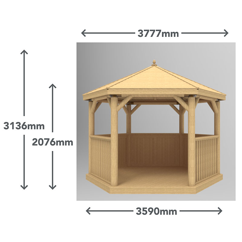 12'x10' (3.6x3.1m) Luxury Wooden Furnished Garden Gazebo with Country Thatch Roof - Seats up to 10 people Technical Drawing
