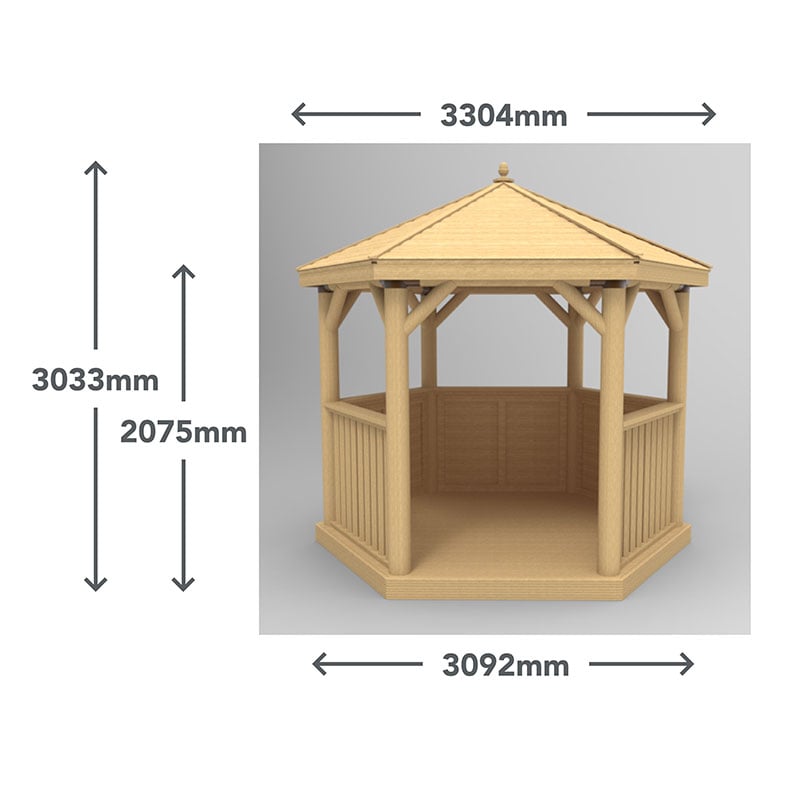 10'x9' (3x2.7m) Luxury Wooden Furnished Garden Gazebo with Thatched Roof - Seats up to 10 people Technical Drawing