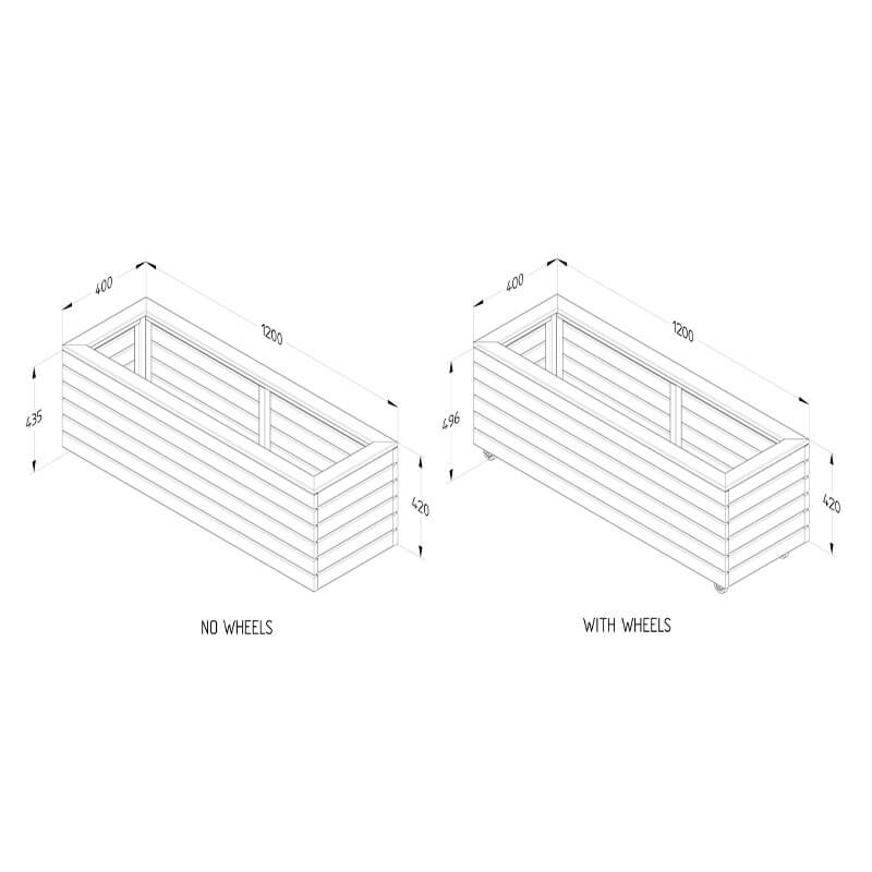 3'11 x 1'4 Forest Linear Long Wooden Garden Planter with Wheels (1.2m x 0.4m) Technical Drawing