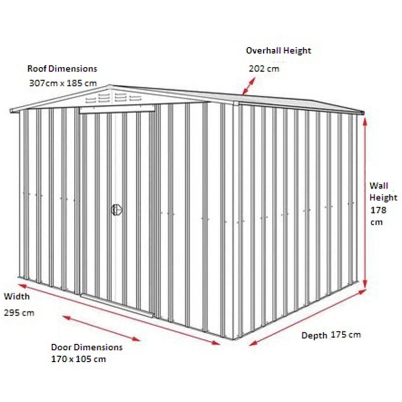 10' x 6' Globel Heritage Green Apex Metal Shed (3.07 x 1.85m) Technical Drawing