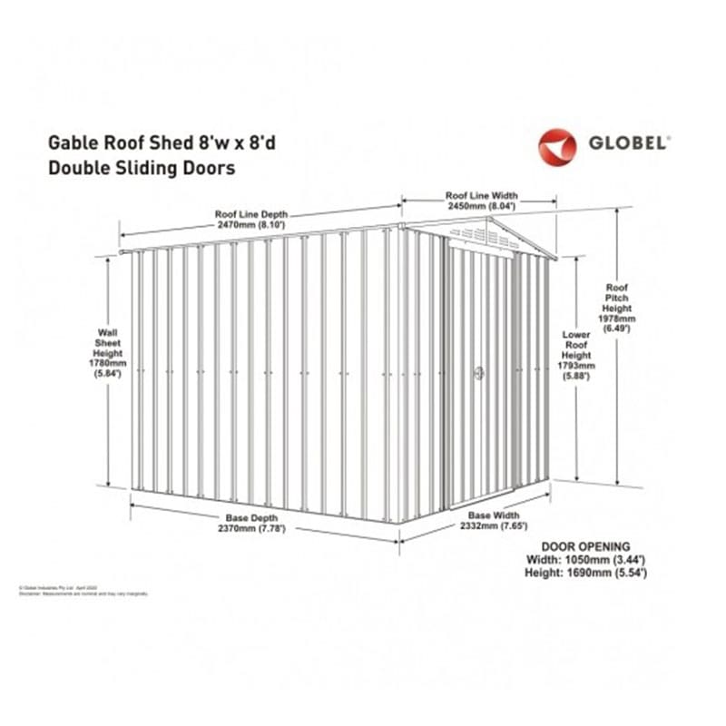 8' x 8' Globel Anthracite Grey Apex Metal Shed (2.45m x 2.47m) Technical Drawing