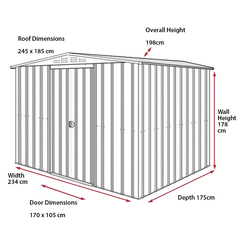 8' x 6' Globel Anthracite Grey Apex Metal Shed (2.34m x 1.75m) Technical Drawing