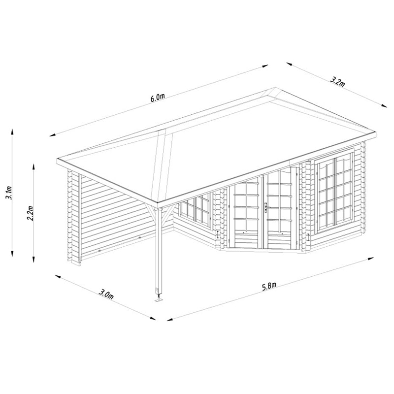 Palmako Melanie 5.7m x 3m Corner Log Cabin Summerhouse (28mm) Technical Drawing