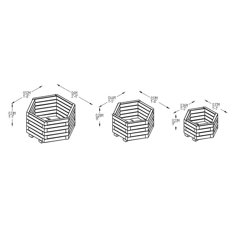 Forest York Hexagonal Wooden Garden Planter 3'x1'8 (0.9x0.5m) - Set of 3 Technical Drawing