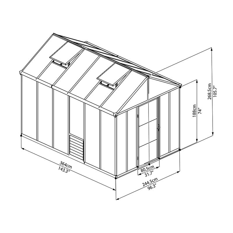 8x12 Palram Canopia Glory Greenhouse Technical Drawing