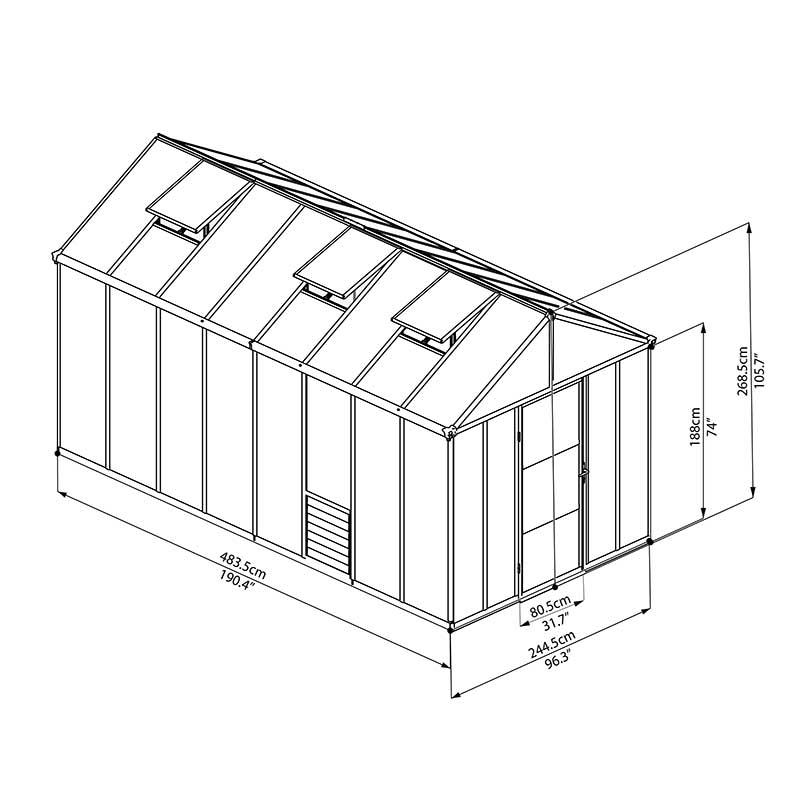 8x16 Palram Canopia Glory Greenhouse Technical Drawing