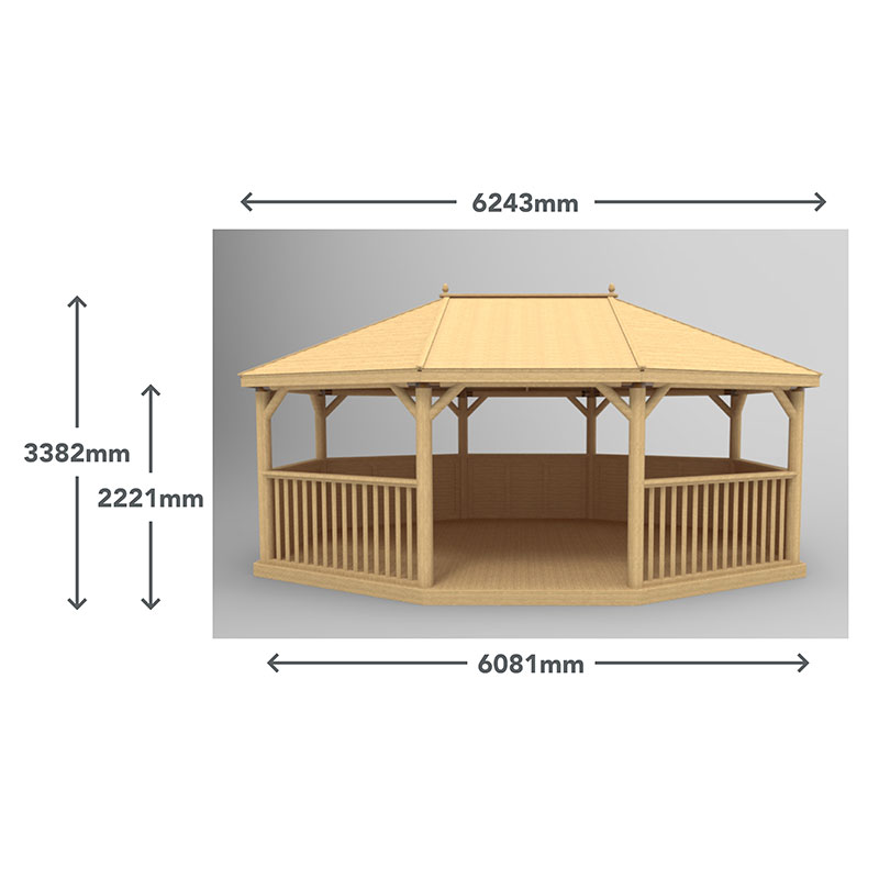 20'x15' (6x4.7m) Premium Oval Furnished Wooden Garden Gazebo with New England Cedar Roof - Seats up to 27 people Technical Drawing