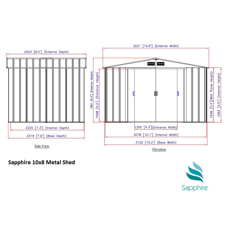 10' x 8' Sapphire Apex Anthracite Metal Shed (3.22m x 2.42m) Technical Drawing