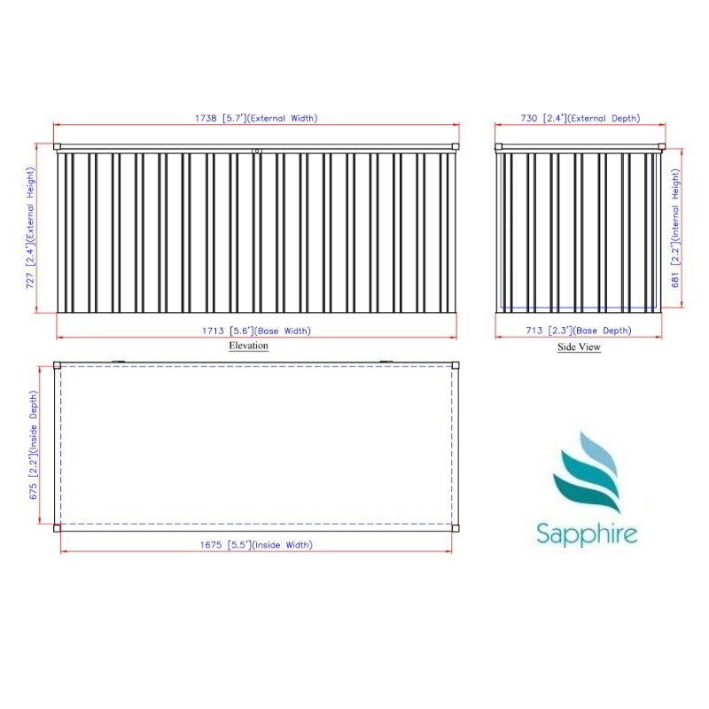 6' x 2' Sapphire Anthracite Metal Garden Cushion Storage Box (1.68m x 0.68m) Technical Drawing