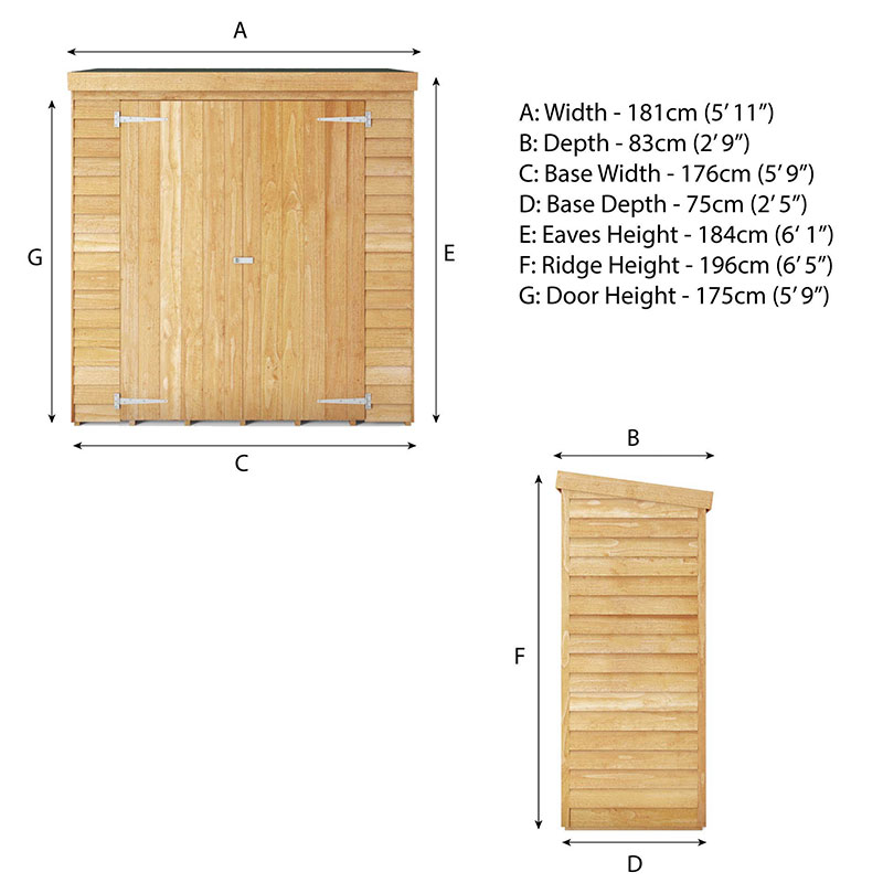 5'10 x 2'7 Mercia Overlap Premium Tall Wooden Garden Storage Technical Drawing