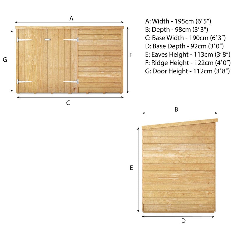 3x6 Mercia Overlap Wooden Pent Bike/ Garden Storage Technical Drawing