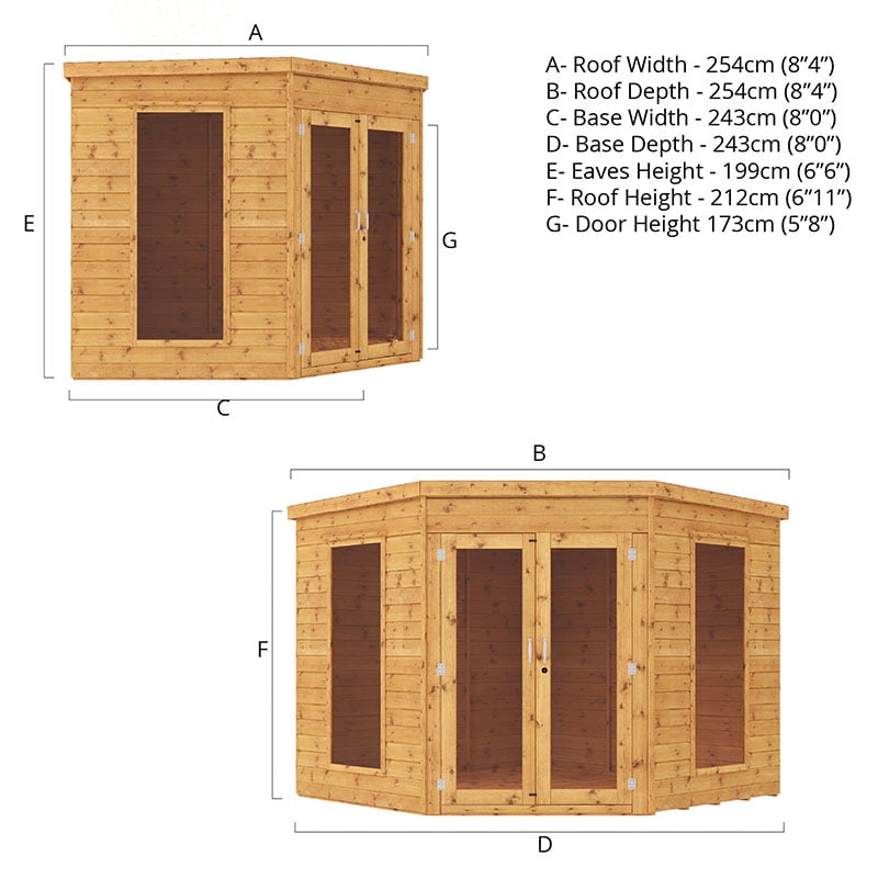 8x8 Mercia Premier Corner Wooden Summerhouse Technical Drawing